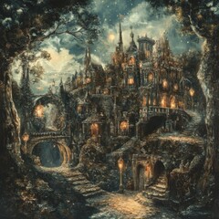 Enchanted Night Village with Glowing Windows and Starry Sky