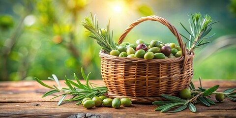 Freshly harvested olives with fragrant rosemary and thyme hanging from a wooden basket, plant, green,  plant, green, produce