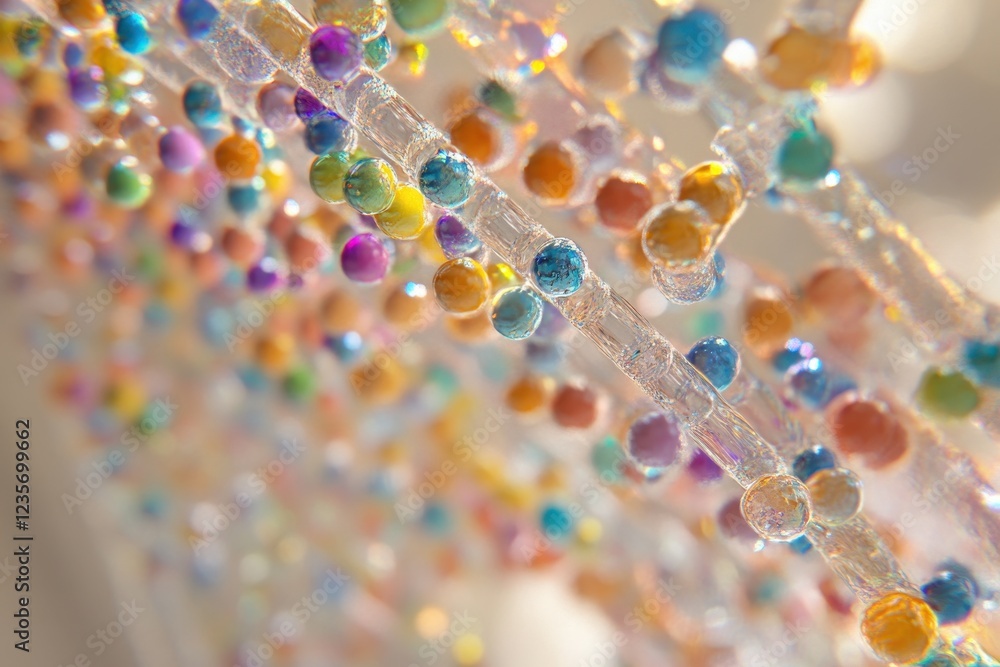 Poster data processing using vibrant beads along a strand representing dna structures and sequences, data p