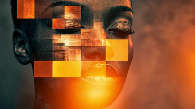 Abstract futuristic portrait with digital pixelated glitch effect. 4K video