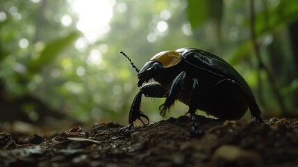 Jungle beetle crawling ground, lush foliage background, nature documentary