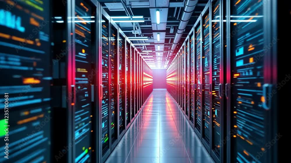 Poster futuristic data center with glowing server racks and dynamic light movement