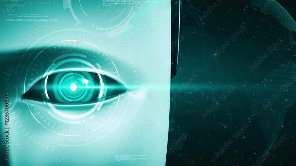 Poster robot hominoid face close up with graphic concept of big data analytic by ai thinking brain, artific