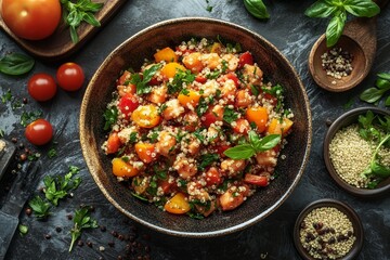 Quinoa salad with tomatoes & basil. Healthy food recipe