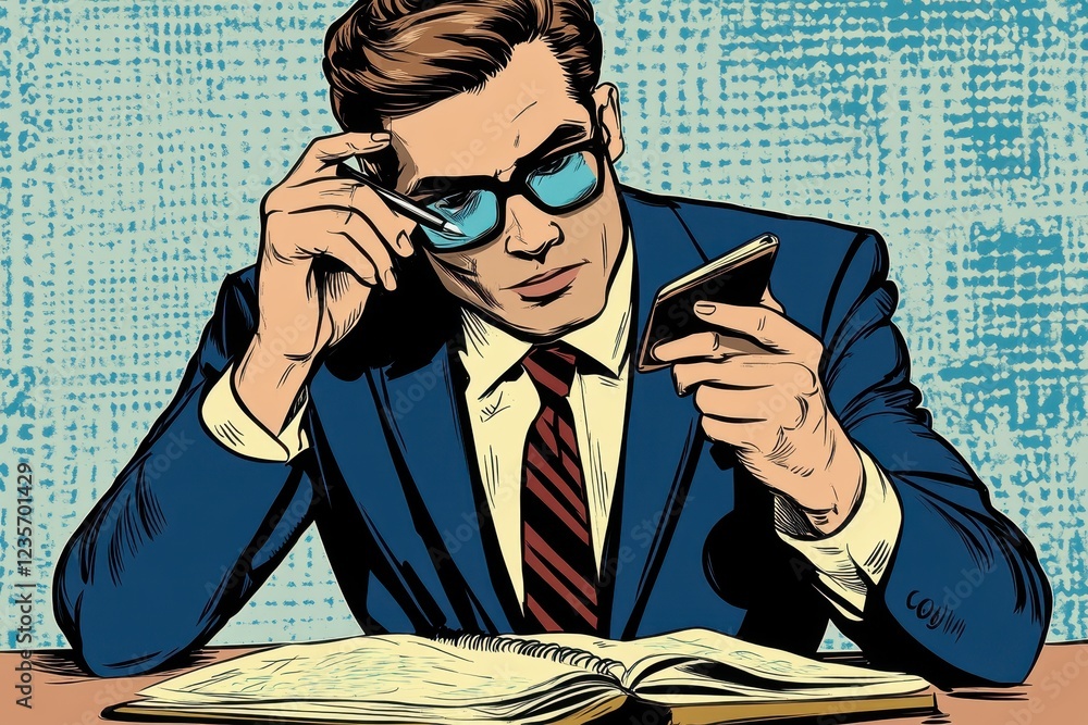 Aufkleber boss engages in a business call while taking notes in a stylish office setting, boss is talking on a
