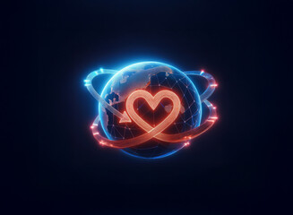 A glowing digital heart orbits a translucent Earth, encircled by vibrant red and blue energy trails.  Symbolizing global love and connection.