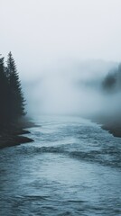 Serene River Landscape in Misty Forest Environment at Dawn