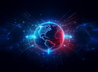 A glowing digital Earth, rendered in vibrant blue and red hues, is encircled by radiating energy streams, suggesting global connectivity and technological advancement.