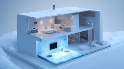Smart home cutaway snowy landscape, interior lighting, winter