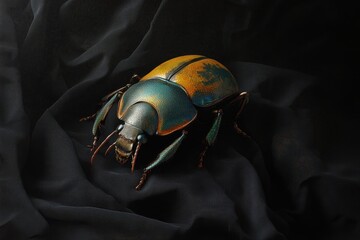 Scarab crawling on textured black cloth in soft light showcasing intricate details and vibrant colors, scarab crawling on black cloth