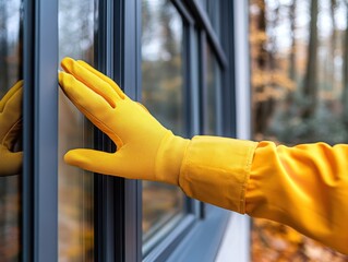 Professional Home Maintenance Worker in Safety Gloves Performs Crucial Seasonal Repairs Fall Window Caulking, Winterization, Spring Cleaning, and Summer Upgrades Ensuring your home's protection and
