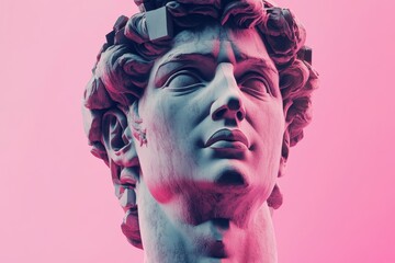Glitch art of David's head against a vibrant pink background showcasing modern interpretation and digital creativity, 3d glitch of David head on pink background 3D Ultra high definition