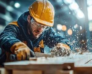 Protective gear-clad carpenters meticulously cutting and assembling wood, showcasing precision woodworking techniques in a modern industrial setting Safety first, skilled craftsmanship, and detailed