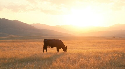 Fototapeta premium Cow grazing sunset field mountains pasture agriculture