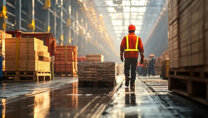 Protective gear-clad workers meticulously handle heavy wooden materials in a warehouse setting, prioritizing safety and precision during lumber transportation and storage The image showcases careful