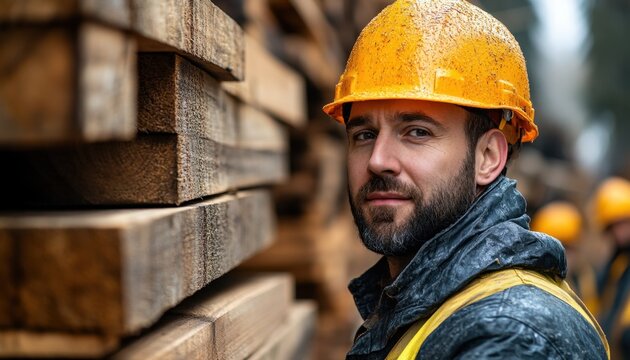 Protective gear-clad workers meticulously handle heavy wooden lumber, showcasing careful craftsmanship and safety protocols in timber processing These skilled professionals demonstrate expertise in