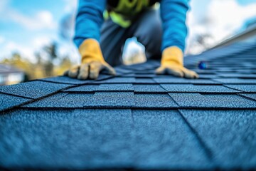 Rooftop worker in safety gloves meticulously performs seasonal roof repairs and maintenance, ensuring structural integrity and leak prevention Expert roofing contractor focusing on fall and winter