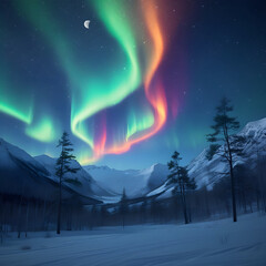 Fototapeta premium magical night sky filled with the Northern Lights dancing over a snowy mountain landscape