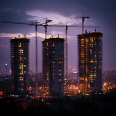 Fototapeta premium Nighttime city construction, three towers under cranes, urban development, skyline
