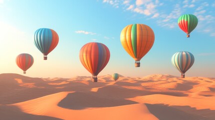 Colorful hot air balloons soar over desert dunes at sunrise; travel, adventure imagery