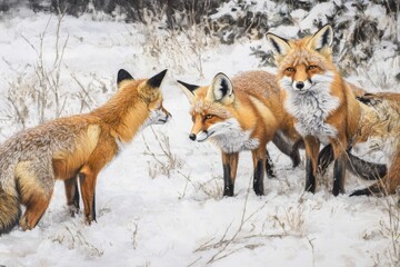 Fototapeta premium Interaction between red foxes on a snowy plain during winter, Interaction between several red foxes in the plain