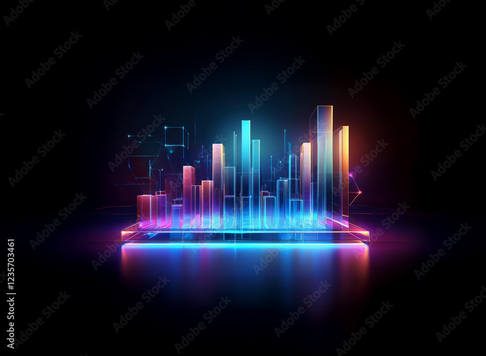 Poster glowing neon bars form a dynamic cityscape displayed on a sleek, dark platform, representing data vi