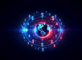 Glowing Earth encircled by dollar signs in a futuristic, digital, global finance concept.  Red and blue energy surrounds the planet, symbolizing global economic power.
