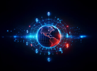 Fototapeta premium A glowing digital globe encircled by currency symbols, representing global finance and digital transactions. Red and blue hues illuminate the interconnected network.