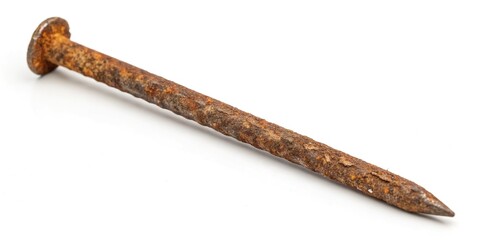 Obraz premium A candid shot of an old metal nail, rusty and isolated on a white background, close up.
