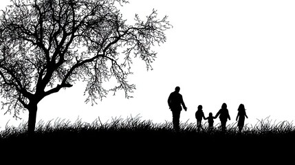 Family silhouette walking park nature background;  family, outdoor, nature, togetherness, happy,  illustration, concept, design, stock