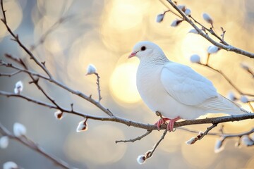 White dove gathers twigs for its nest during a serene spring morning among blooming branches, white dove gathers branches for nest