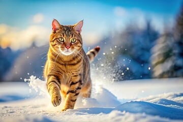 A fluffy cat leaps amidst a snowy scene.