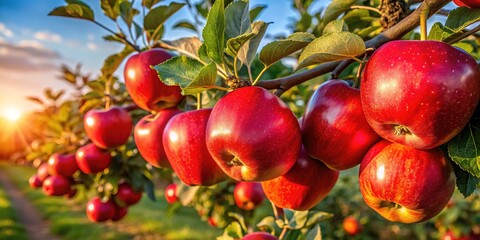 Obraz premium A Quebec orchard tree, laden with red apples, glows under muted sunlight.