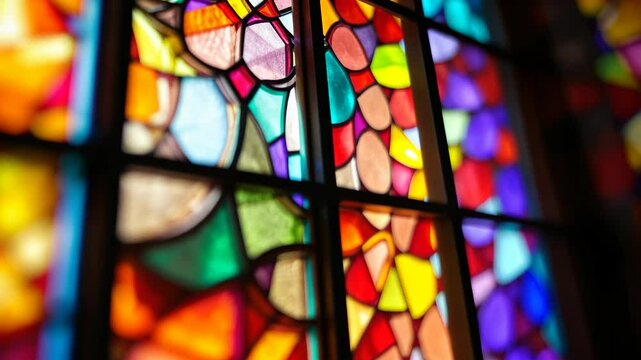 Vibrant abstract patterns of stained glass windows in sunlit explosion of colors