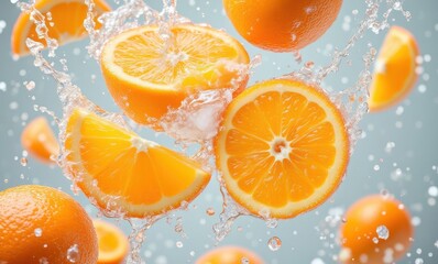Fresh oranges splashing in water