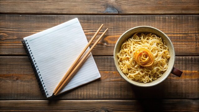 A paper blocknote with a bowl of steaming hot ramen noodles on top and chopsticks lying next to it , noodle dishes, dining table