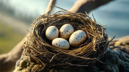 Obraz premium Tiny birds nest with fragile eggs symbolizing nature beauty and life