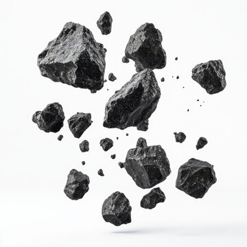 Black rocks levitating, white background, explosion,  design element