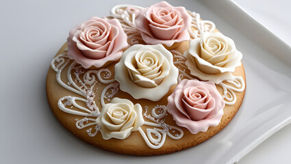 A golden cookie adorned with delicate fondant roses in soft pink and white, dusted with sparkling edible glitter, exudes elegance and romance against a crisp white background.