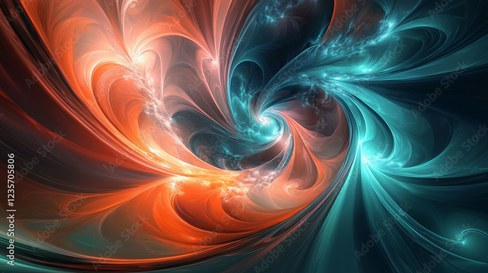Poster vibrant abstract swirling patterns in a dynamic interplay of orange and turquoise colors. generative
