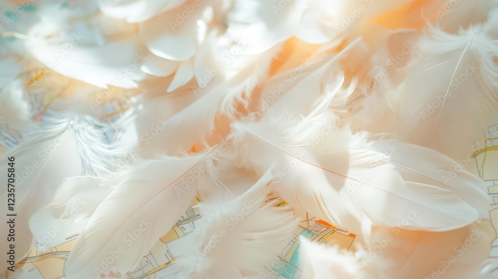 Poster soft lighting on a set of bird feathers arranged in a circular formation over a subway map, balanced