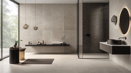 A modern and luxurious bathroom interior featuring a glass shower and a minimalist design