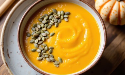 Creamy pumpkin soup with seeds topping