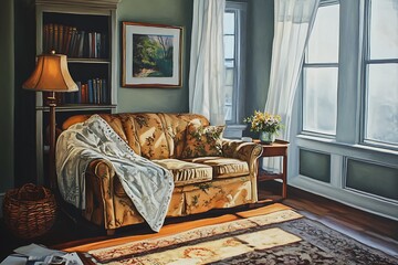 A cozy living room with a sofa, warm light, and a view of nature through the windows.