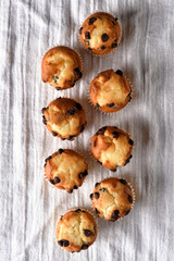 Flat lay of a group of mini chocolate chip muffins on a kitchen towel.