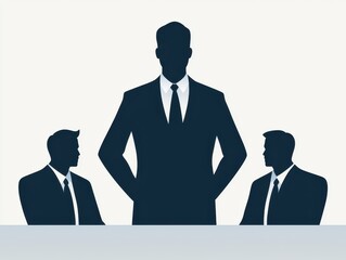 Fototapeta premium silhouettes decision meeting corporate making concept. Silhouettes of three men in business attire at a table, suggesting a meeting or discussion.