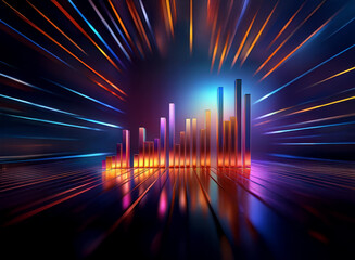 Fototapeta premium Vibrant, glowing bars rise against a dark background, radiating light streaks. The scene is reflected on a glossy surface, creating a dynamic, energetic composition.