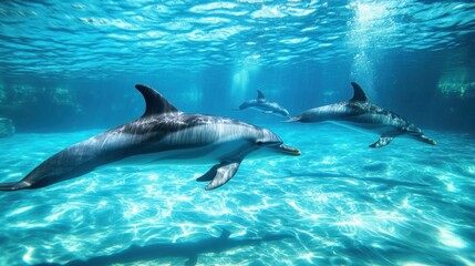 Fototapeta premium Three Dolphins Swimming Underwater
