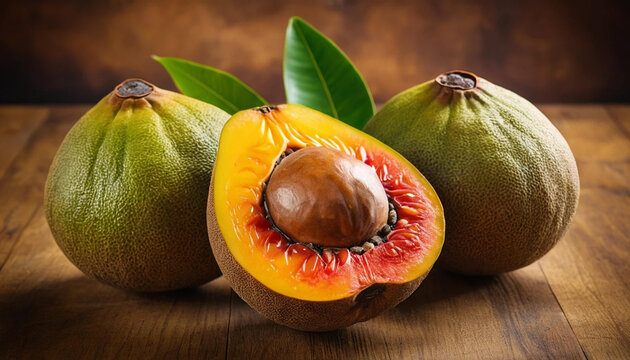 Close-up of ripe and juicy, exotic South American lucuma fruits with one cut open revealing its seed and vibrant, orange flesh.