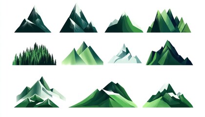 Twelve stylized mountain range illustrations showcasing diverse landscapes